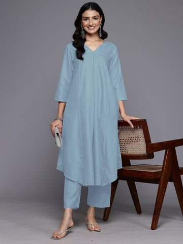 Varanga Women Grey Solid A-Line V Neck Kurta Paired with Tonal Bottom